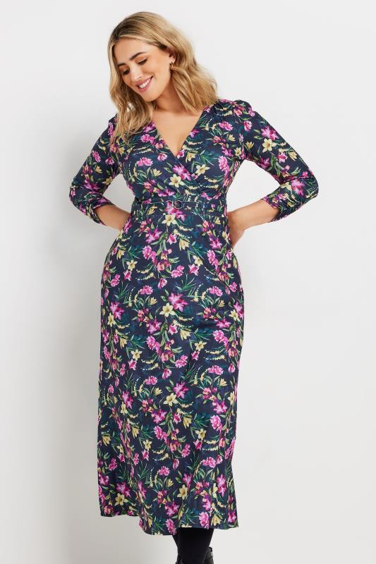 M&Co Navy Blue Floral Print Belted Wrap Midi Dress | M&Co 4