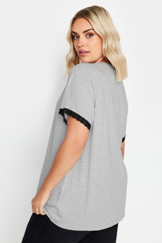 YOURS Plus Size Grey Lace Trim T-Shirt | Yours Clothing  3