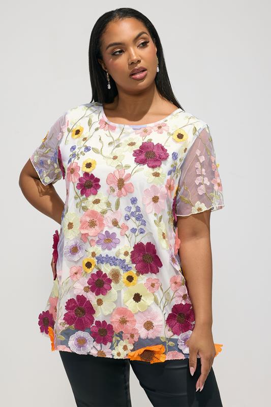  YOURS LONDON Curve White 3D Floral T-Shirt