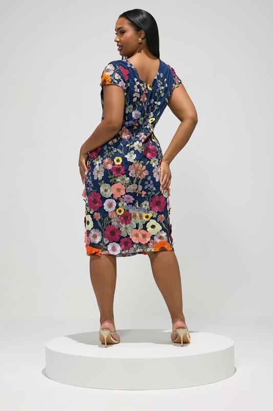 YOURS LONDON Plus Size Navy Blue & Pink Floral 3D Embroidered Shift Dress | Yours Clothing 4