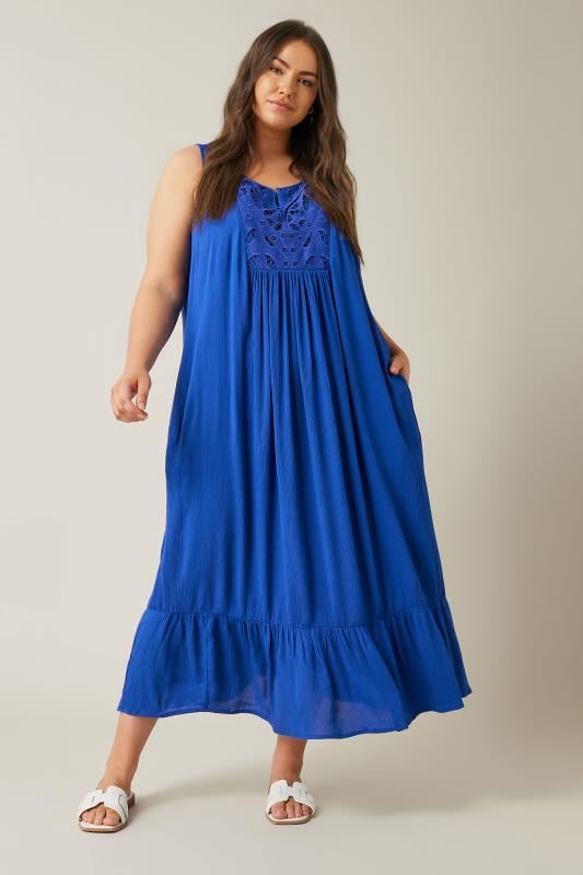 Plus Size  EVANS Curve Cobalt Blue Crinkle Broderie Maxi Dress