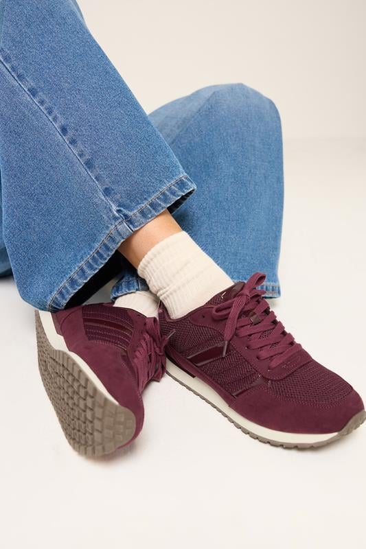 Burgundy Red Side Stripe Lace Up Trainer In Wide EEE Fit | Yours Clothing 1