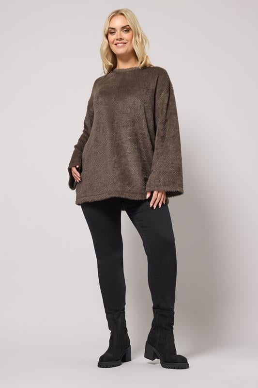 YOURS Plus Size Chocolate Brown Fluffy Knit Jumper | Yours Clothing 2