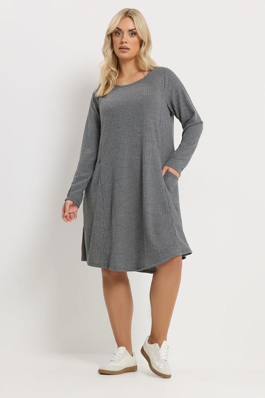YOURS Plus Size Grey Ribbed Pocket Dress | Yours Clothing 1