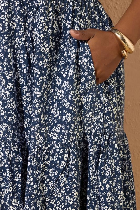 YOURS Plus Size Navy Blue Ditsy Floral Print Tiered Mini Dress | Yours Clothing 4