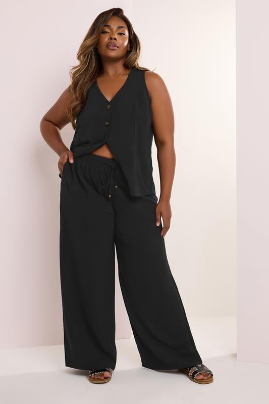 YOURS Plus Size Black Twill Wide Leg Trousers | Yours Clothing 2