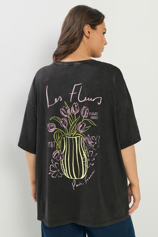 YOURS Curve Black 'Les Fleurs' Back Print Relaxed T-Shirt