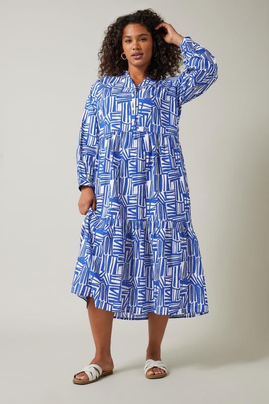 Plus Size  EVANS Curve Blue Abstract Print Long Sleeve Shirt Dress