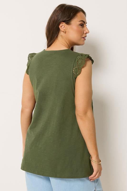 YOURS Plus Size Khaki Green Broderie Frill Vest Top | Yours Clothing 4