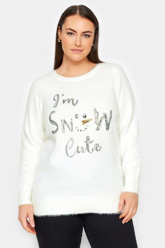 Evans Ivory White 'Snow Cute' Slogan Christmas Jumper 1