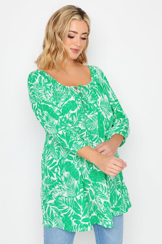 YOURS Plus Size Green Leaf Print Tie Neck Top | Yours Clothing 1