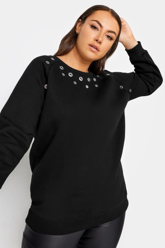 YOURS Curve Black Eyelet Detail Sweatshirt | Yours Clothing 1