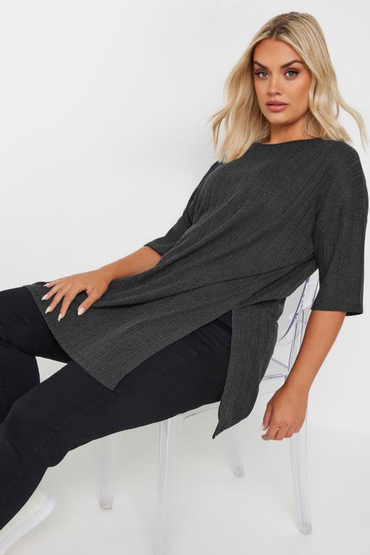 YOURS Plus Size Dark Grey Side Split Ribbed T-Shirt | Yours Clothing 1