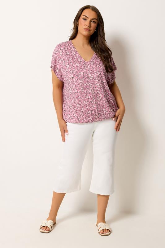 YOURS Plus Size Pink Floral Grown-On Sleeve T-Shirt | Yours Clothing 1