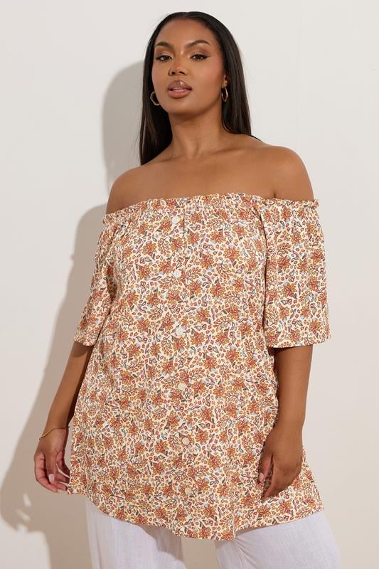 YOURS Plus Size Orange Textured Leaf Print Bardot Top | Yours Clothing 1