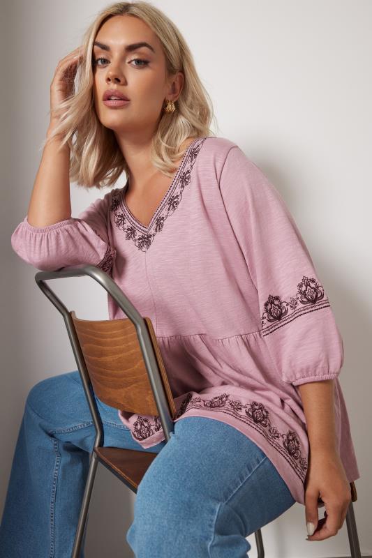 Plus Size  YOURS Curve Pink Embroidered Floral Smock Top