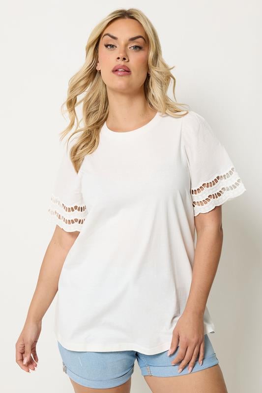  YOURS Curve White Broderie Anglaise Angel Sleeve T-Shirt