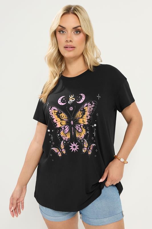  YOURS Curve Black Butterfly Print T-Shirt