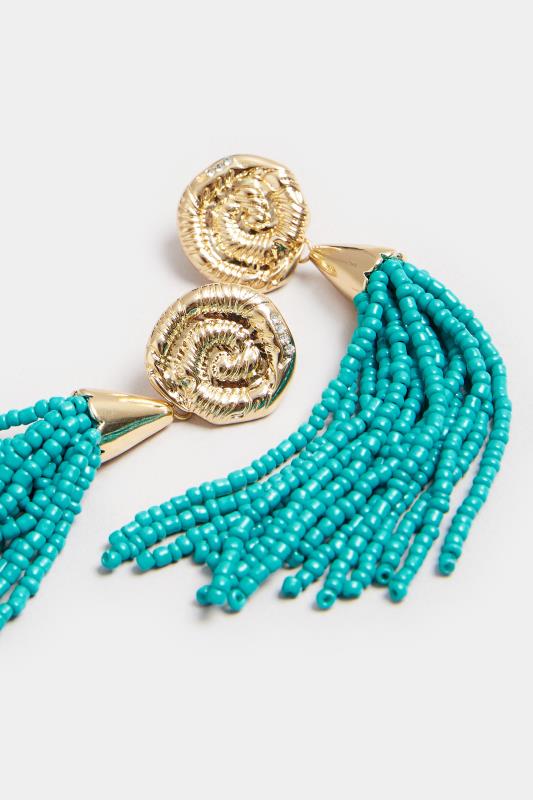 Gold Tone Teal Beaded Tassel Earrings 3