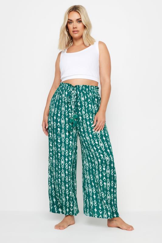 YOURS Plus Size Green Ikat Print Beach Trousers | Yours Clothing 2