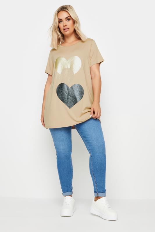 YOURS Plus Size Natural Brown Foil Heart Print T-Shirt | Yours Clothing  3