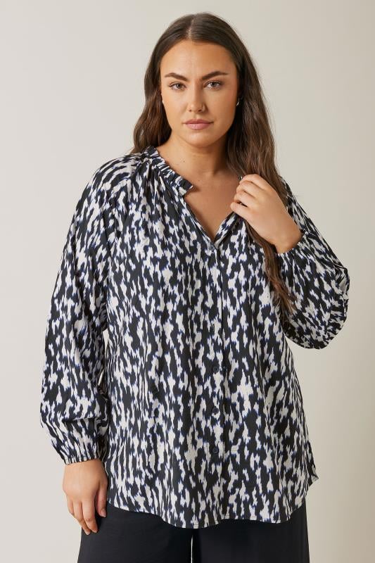 EVANS Plus Size Black & White Abstract Print Frill Neck Blouse | Evans 2