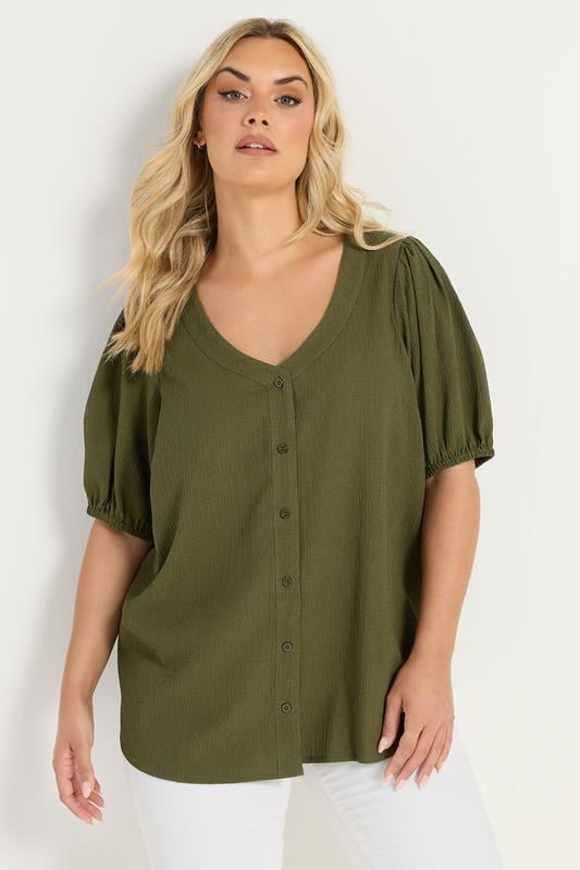 YOURS Plus Size Khaki Green Button Textured Blouse | Yours Clothing 1