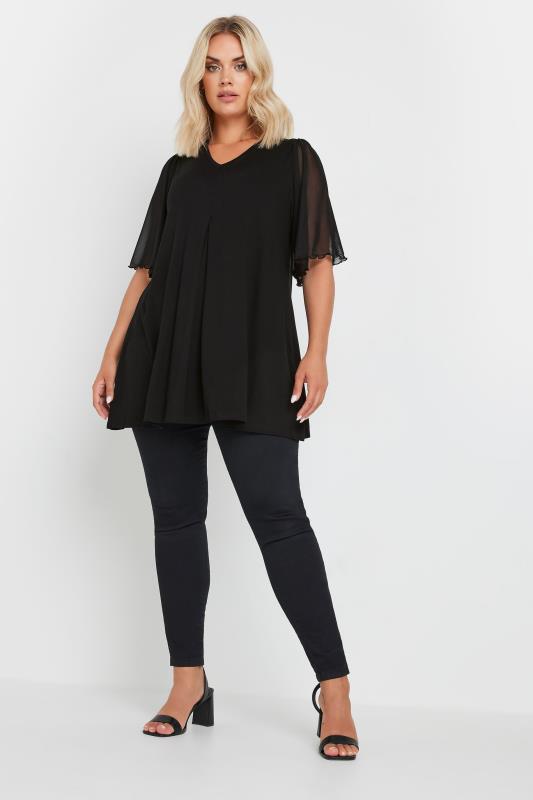 YOURS Plus Size Black Pleat Front Angel Sleeve Top | Yours Clothing 2