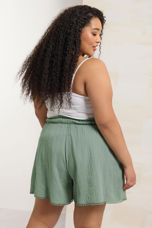 YOURS Plus Size Sage Green Crinkle Crochet Trim Shorts | Yours Clothing 3