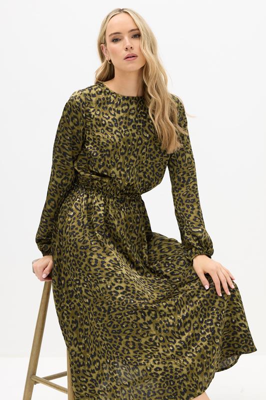 LTS Tall Khaki Green Leopard Print Satin Midi Dress | Long Tall Sally 1