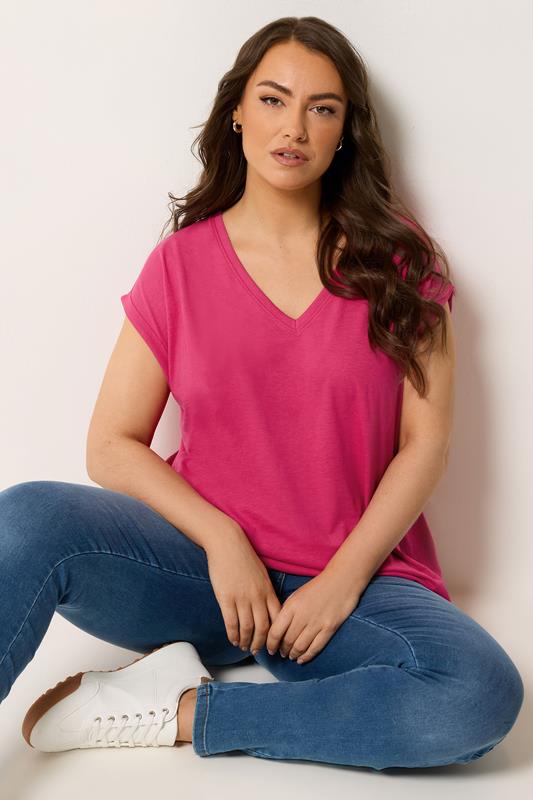  YOURS Curve Pink V-Neck Basic T-Shirt
