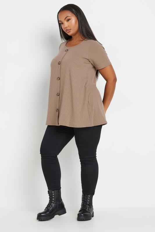 YOURS Plus Size Mocha Brown Button Front Ribbed Swing Top | Yours Clothing 2