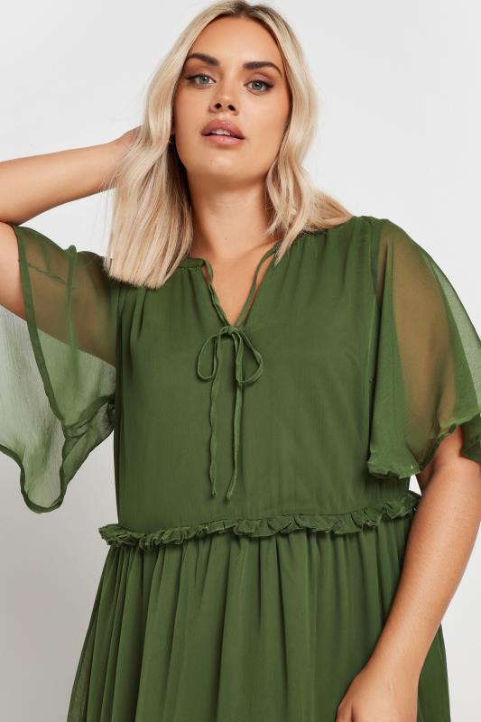 YOURS Plus Size Khaki Green Chiffon Tiered Midaxi Dress | Yours Clothing  4