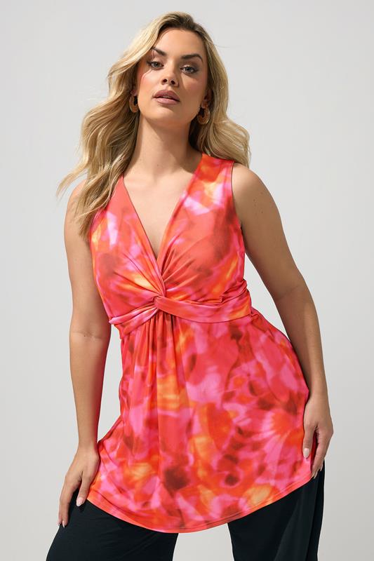  YOURS LONDON Curve Pink Abstract Sleeveless Knot Front Top