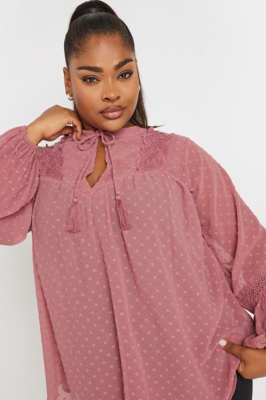 YOURS Plus Size Pink Lace Detail Dobby Blouse | Yours Clothing  5