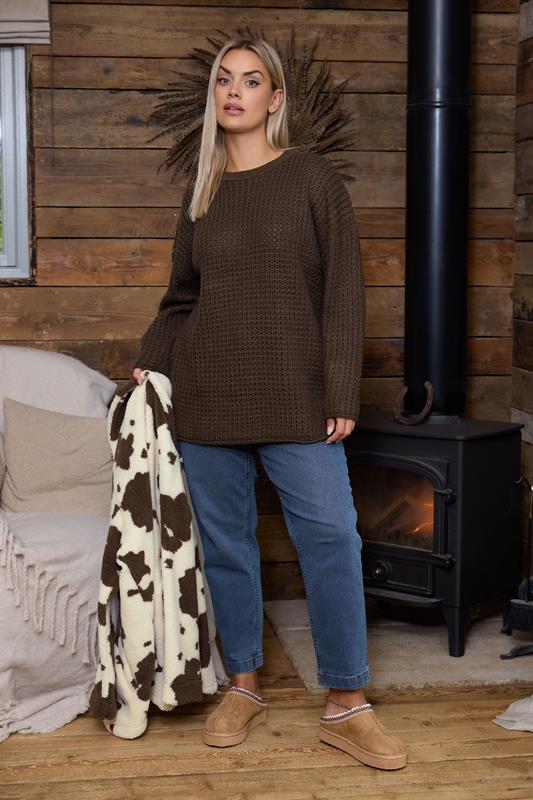 YOURS Plus Size Chocolate Brown Waffle Knit Jumper | Yours Clothing 2