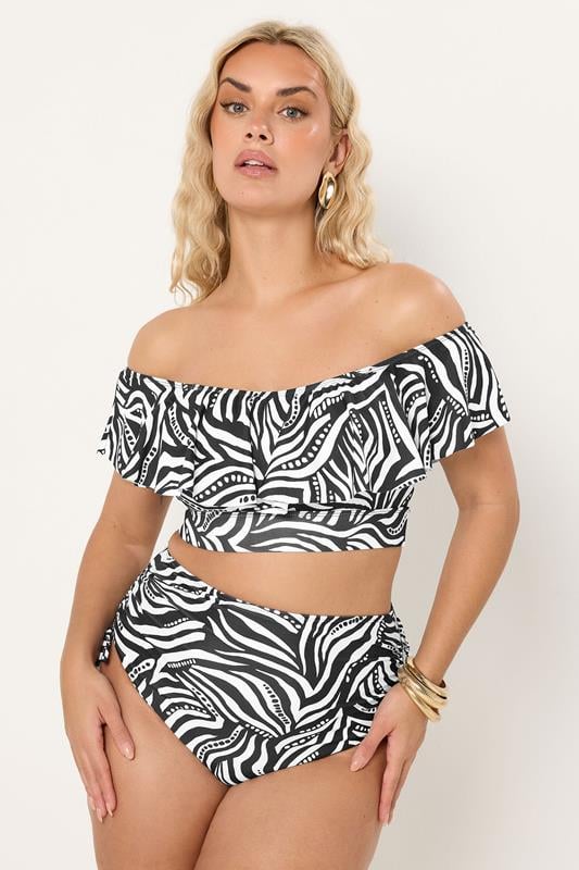 YOURS Plus Size Black Abstract Frill Bardot Bikini Top | Yours Clothing 2