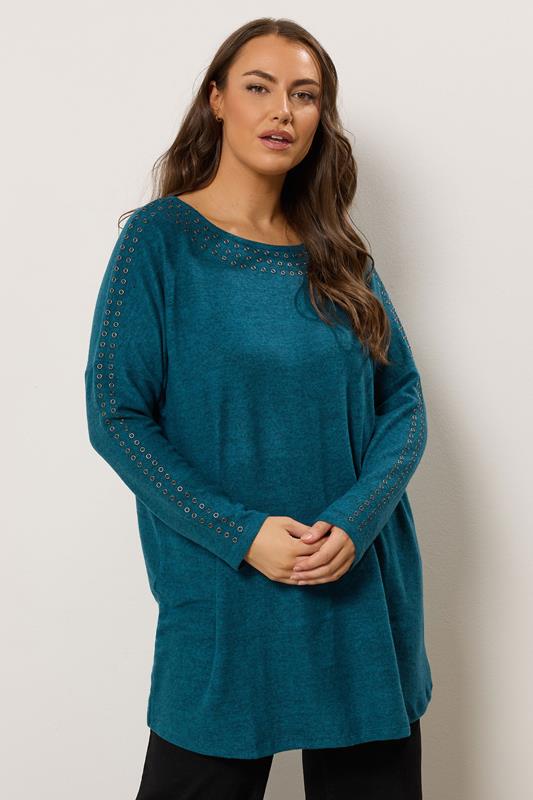 Plus Size  EVANS Curve Teal Blue Eyelet Sleeve Jumper