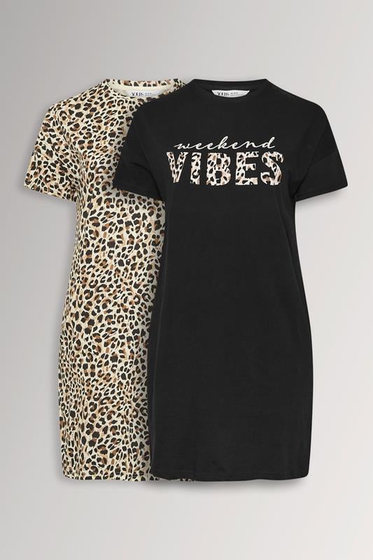  YOURSET Curve 2 PACK Black 'Weekend Vibes' Leopard Print Nightdresses