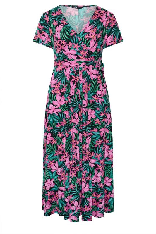 YOURS Curve Pink & Green Tropical Wrap Front Dress