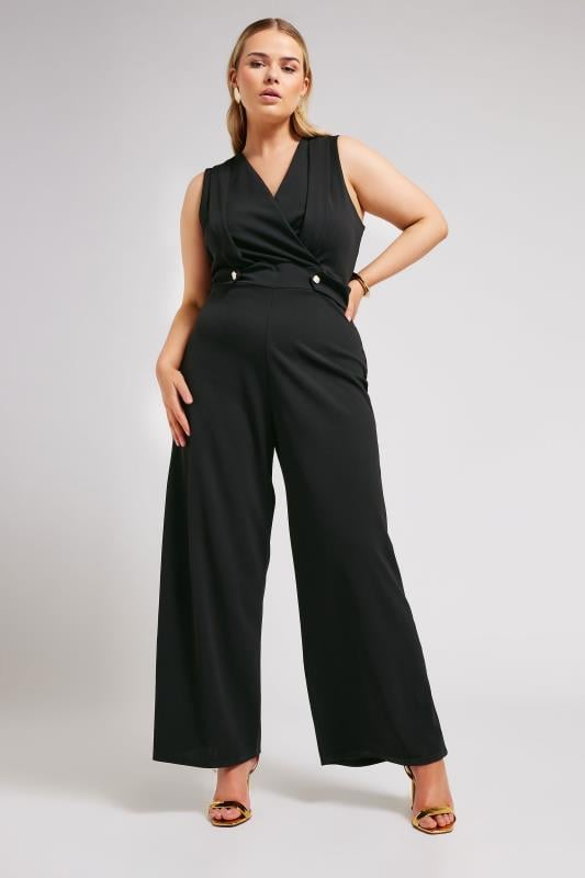 YOURS LONDON Plus Size Black Sleeveless Wide Leg Jumpsuit | Yours Clothing 1