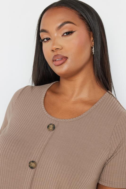 YOURS Plus Size Mocha Brown Button Front Ribbed Swing Top | Yours Clothing 4