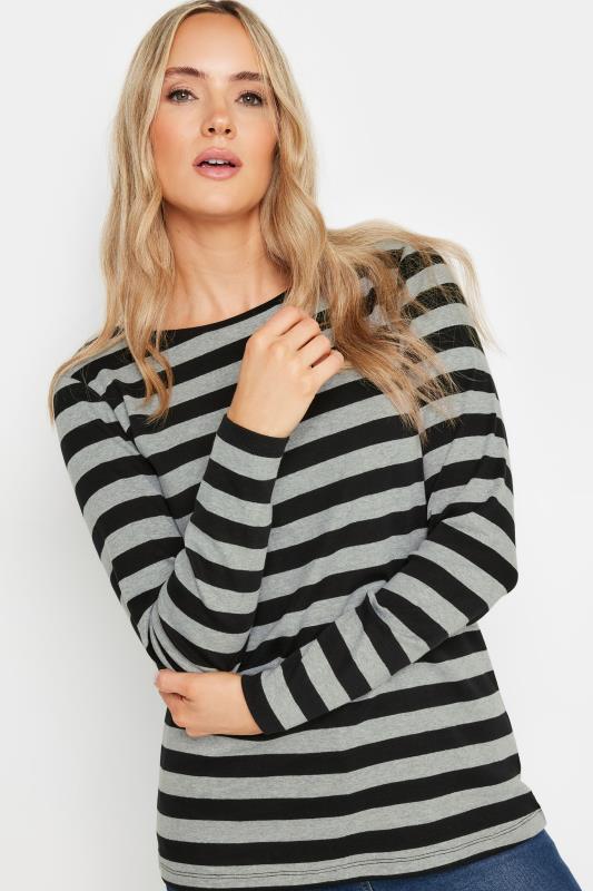 LTS Tall Womens Grey & Black Stripe Long Sleeve Cotton T-Shirt | Long Tall Sally  1