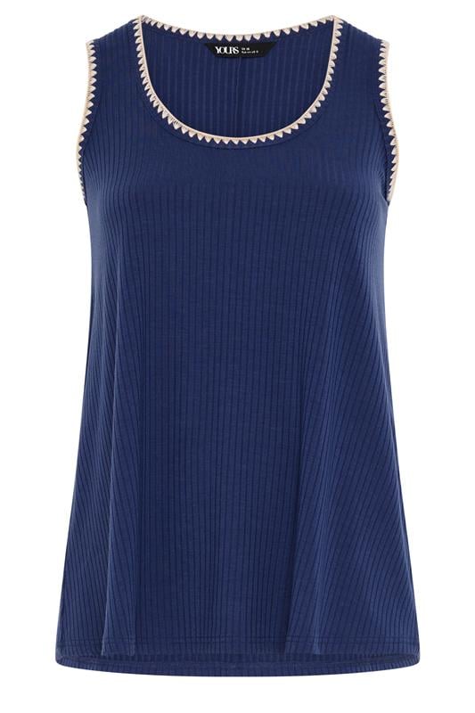 YOURS Plus Size Cobalt Blue Contrast Blanket Stitch Ribbed Vest Top | Yours Clothing 5