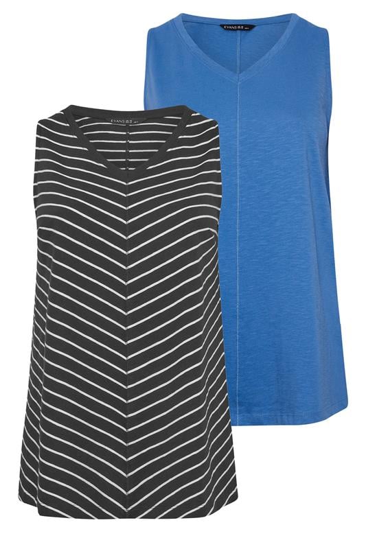  EVANS Curve 2 Pack Blue & Black Cotton Vest Tops