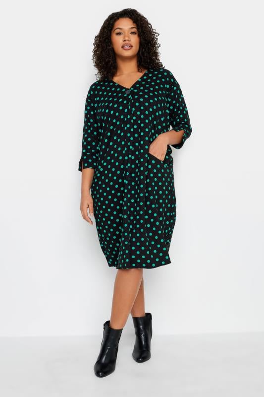 Plus Size  Evans Black & Green Spot Print Button Detail Midi Dress