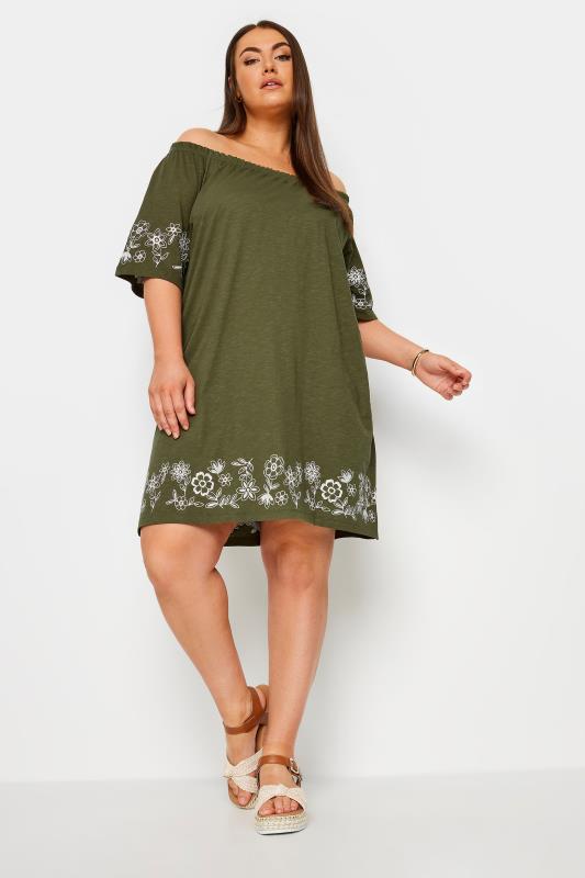 YOURS Plus Size Khaki Green Embroidered Bardot Midi Dress | Yours Clothing 2