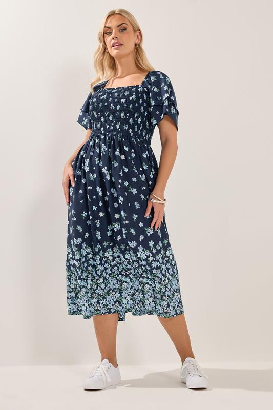 YOURS Plus Size Navy Blue Floral Shirred Maxi Dress | Yours Clothing 1