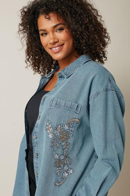 EVANS Plus Size Blue Denim Sequin Embellished Shirt | Evans 5