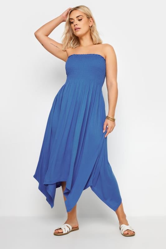 YOURS Plus Size Cobalt Blue Shirred Bandeau Midi Dress | Yours Clothing 1